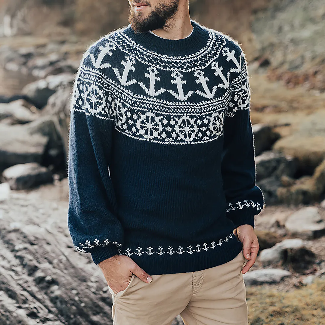 Vintage Nautical Graphics Jacquard Iceland Crew Neck Sweater
