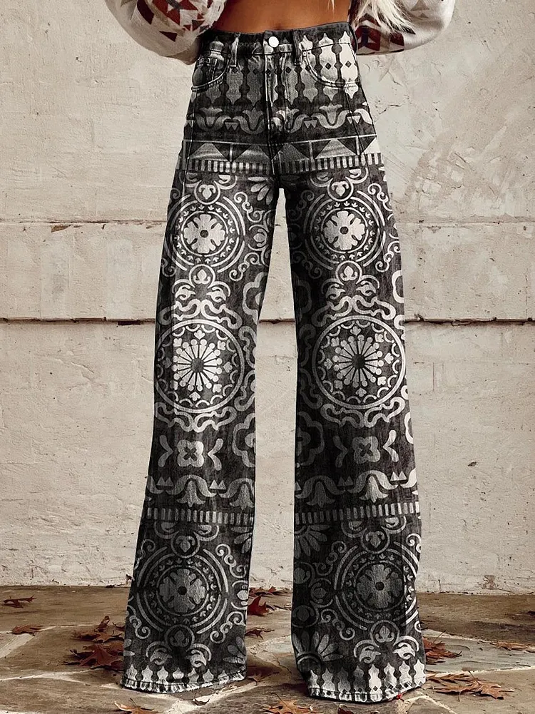 Women's Black and White Geometry Print Casual Wide Leg Pants