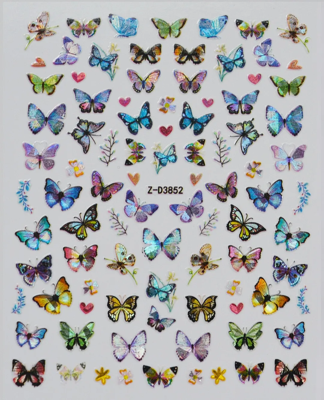 1pc Holographic Blue Nail Stickers Pink Colorful Butterfly Art Sticker With Adhesive DIY Extension Flowers Rose Nail Decoration-Nail Inspo