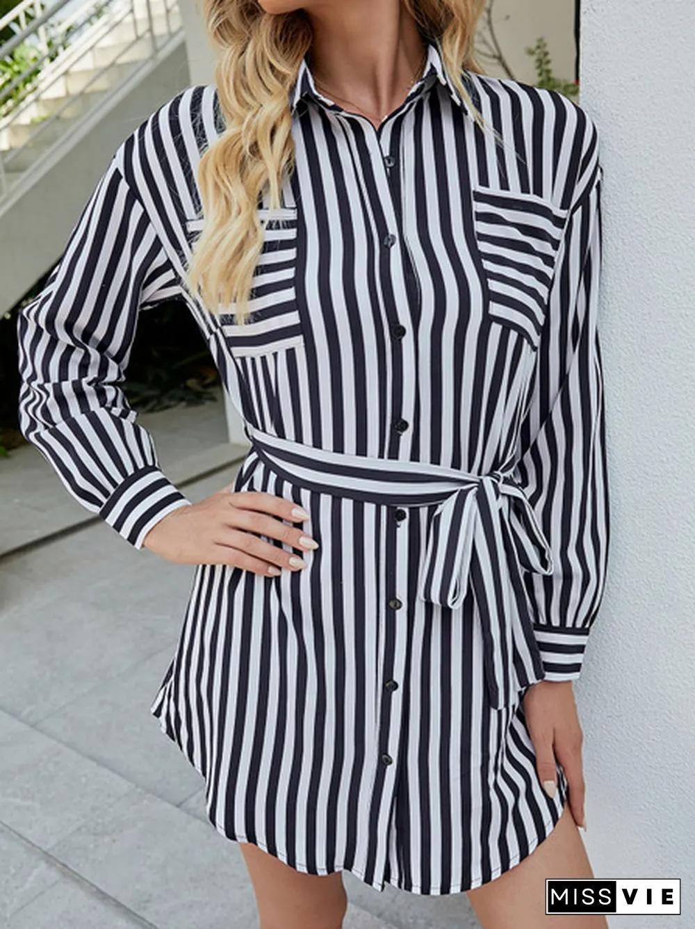 Patch Pocket Belted Striped Shirt Dress