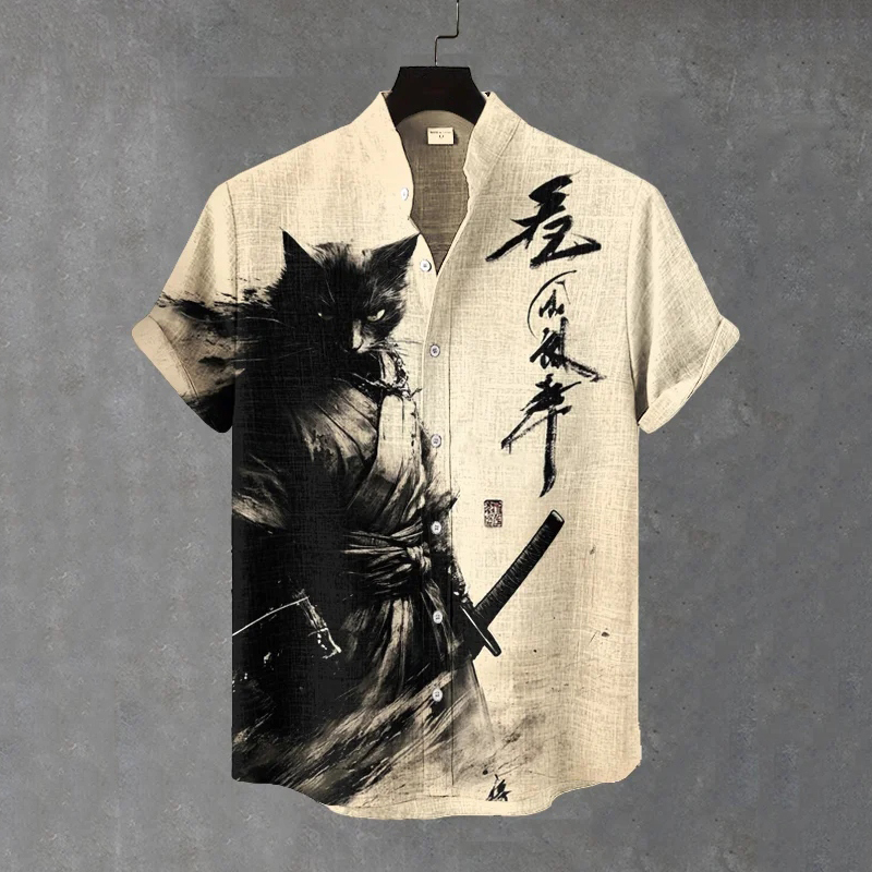 Men's Black Cat Samurai Ink Painting Art Print Short Sleeve Shirt  artssus