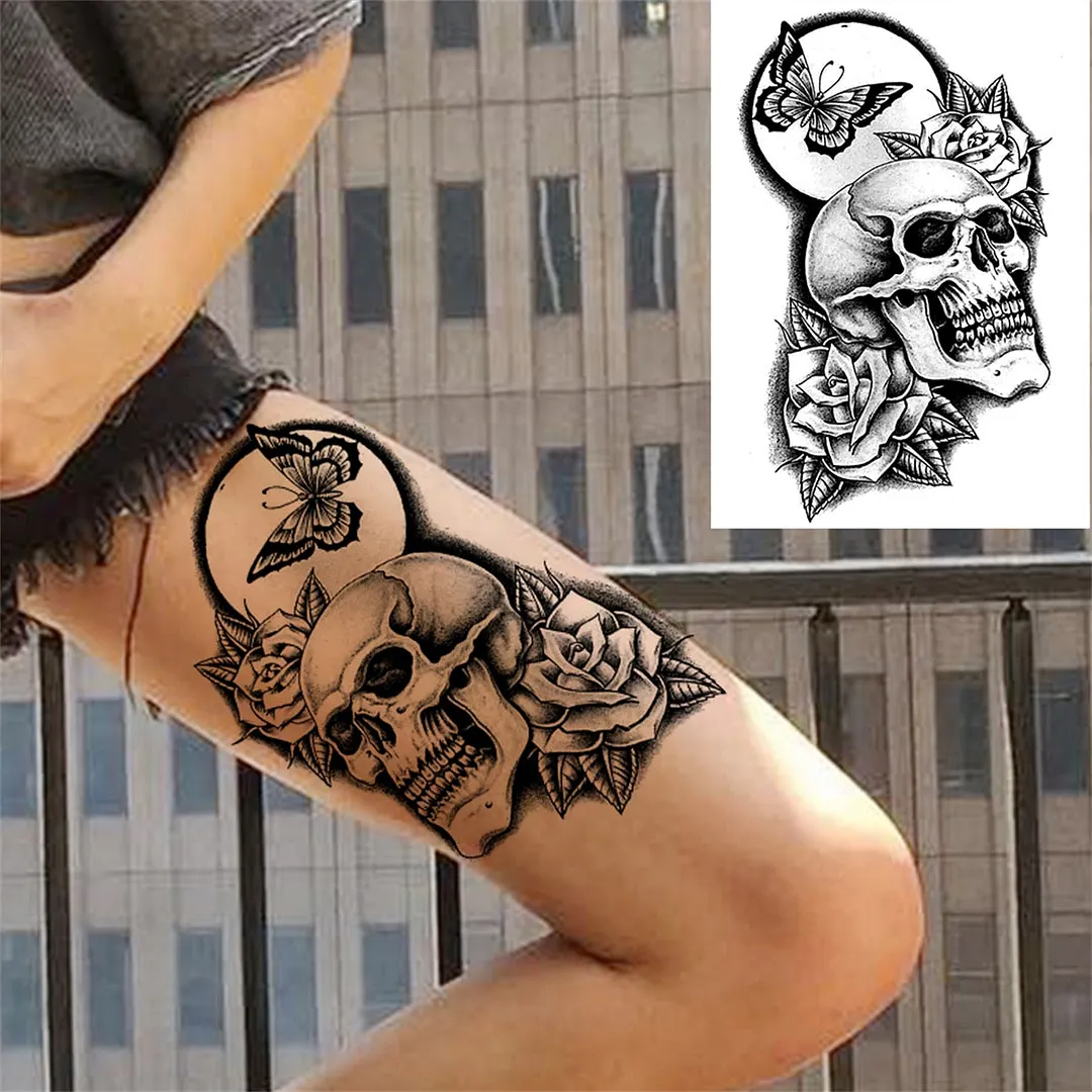 Flower Skeleton Temporary Tattoos For Women Men Adult Death Skull Tattoo Sticker Fake Lion Wolf Forest Black Evil Tatoos Armband