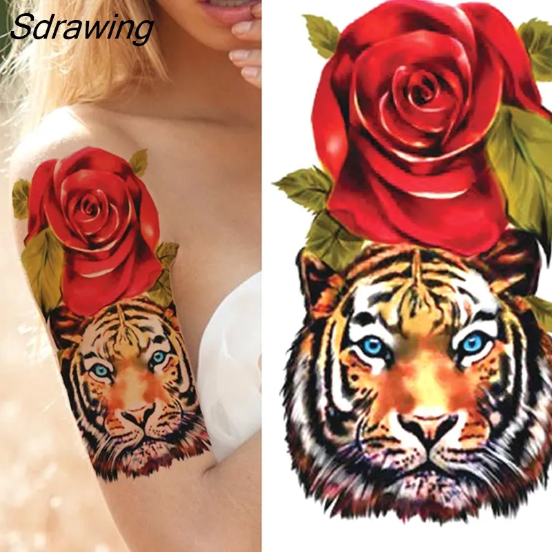 Sdrawing Tiger Temporary Tattoos For Men Women Kids Lion Skull Cross Tattoo Sticker Black Compass Skeleton Tatoos Leg Thigh 328-0