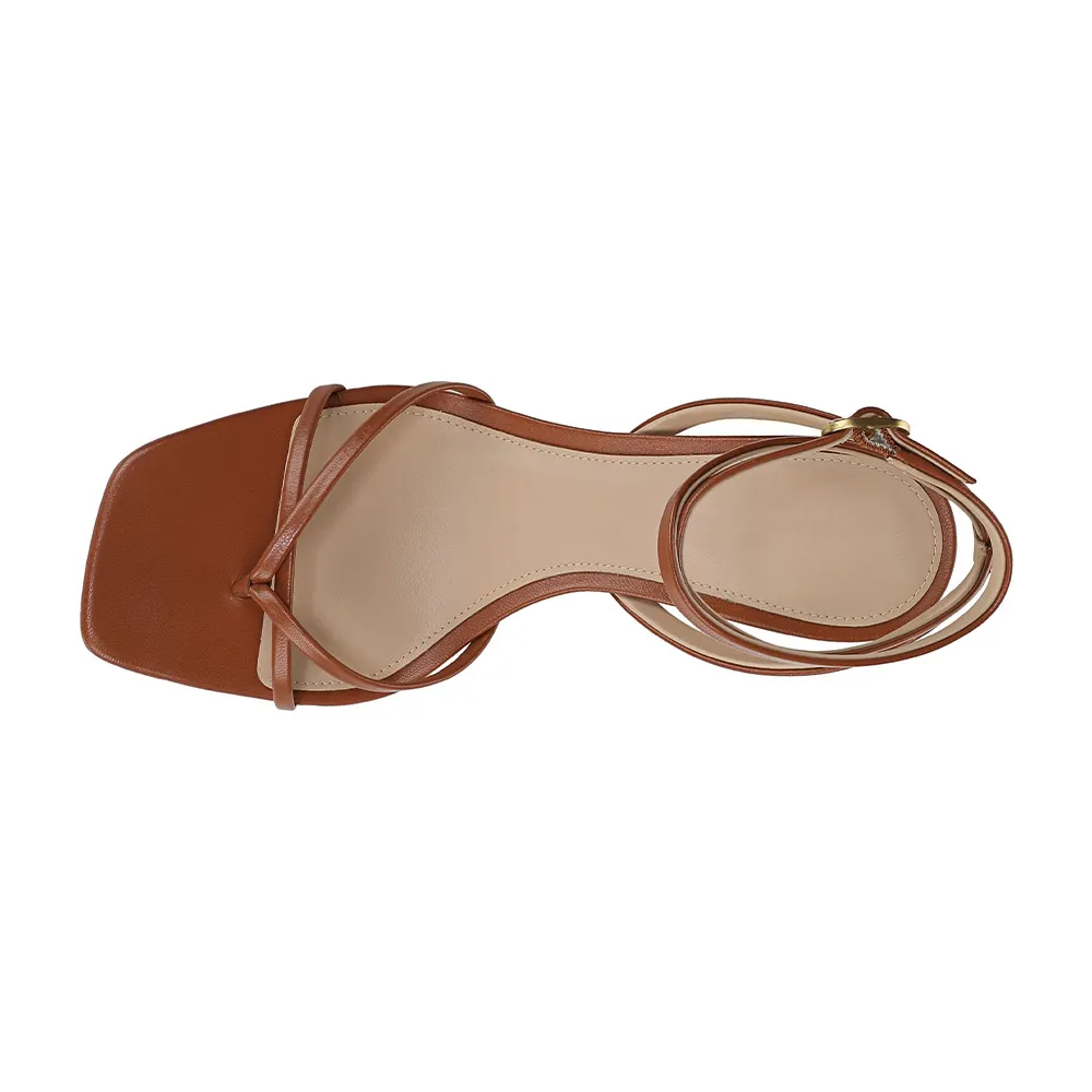Brown Vegan Leather Ankle Strap Open Toe Flared Heeled Sandals