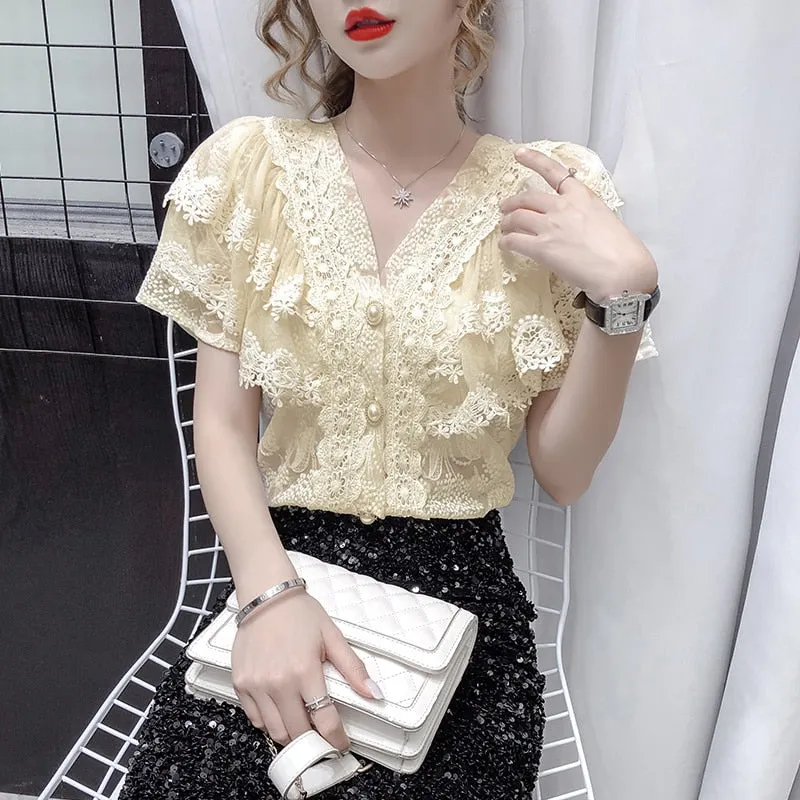 2021 Summer New French Sexy Tops Ruffle Stitching Shirt Female V-neck Hollow Lace Blouse Women Short Sleeve Crochet Blouse 14175