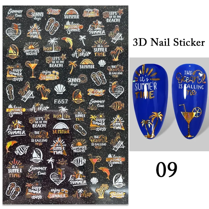 1PC iridescent Gold Black White 3D Nail Sticker Leaves Geometric Tropical Beach Decals DIY Slider Decoration Manicures-Nail Inspo