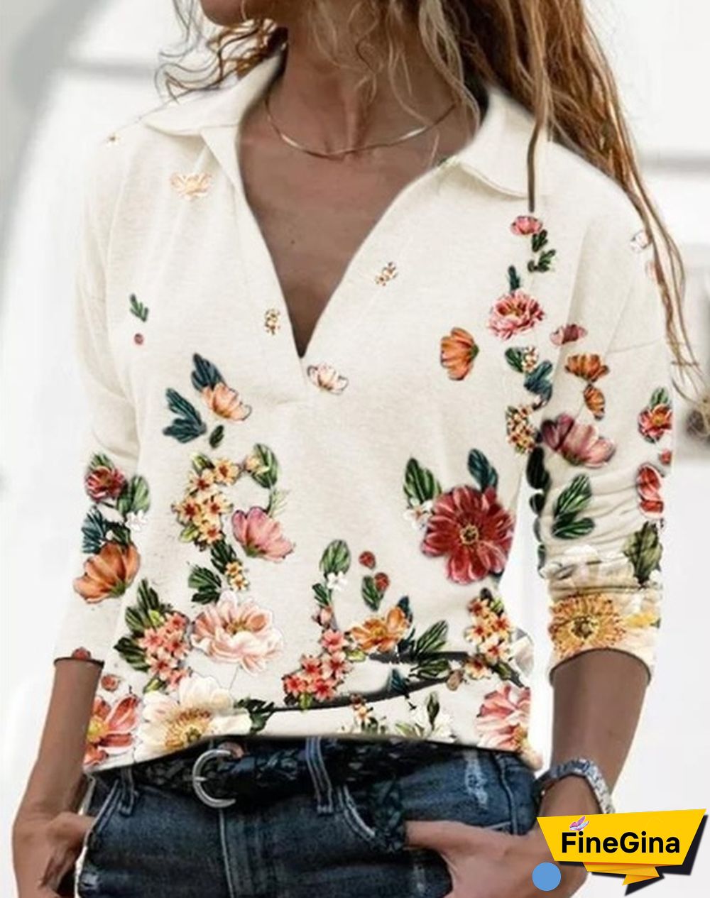 Spring Casual Floral Printed Tops Women Fashion Stand Collar Long Sleeve Shirt Pullover Slim Fit Blouses Size S-2XL
