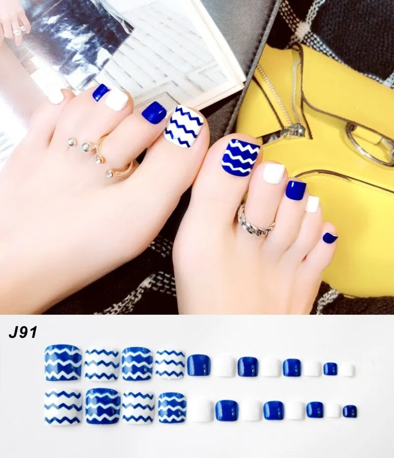 24Pcs Pretty Summer Beach Toes False Nails Rhinestone Pre-design Full Cover Red Foot Artificial Fake Nails with Glue Nail Beauty-Nail Inspo