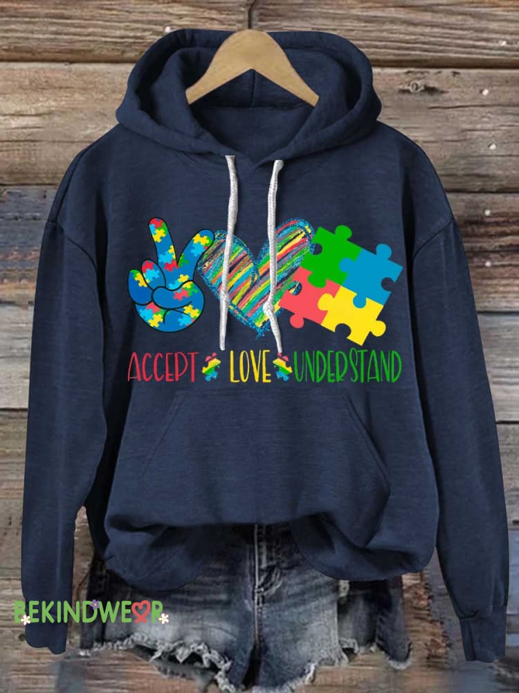 ACCEPT LOVE UNDERSTAND Autism Awareness Casual Hoodie Sweatshirt Blue / S