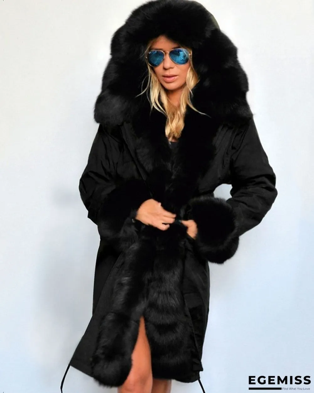 Camouflage / Plain Faux Fur Patch Hooded Parka Coat | EGEMISS