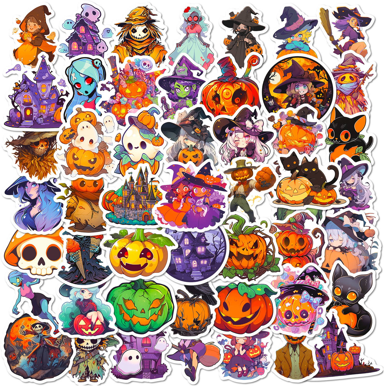 50pc Kids Halloween Sticker Set: Cartoon Ghosts,  Witches & Bat Decals