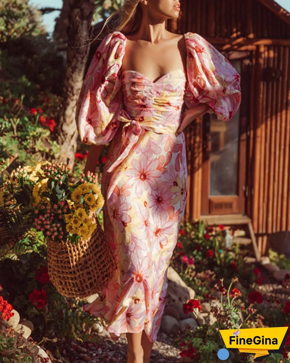 Sweet Puff Sleeve Print Slim Dress