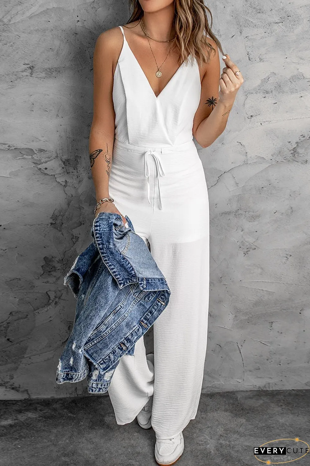White Spaghetti Strap Wide Leg Jumpsuit
