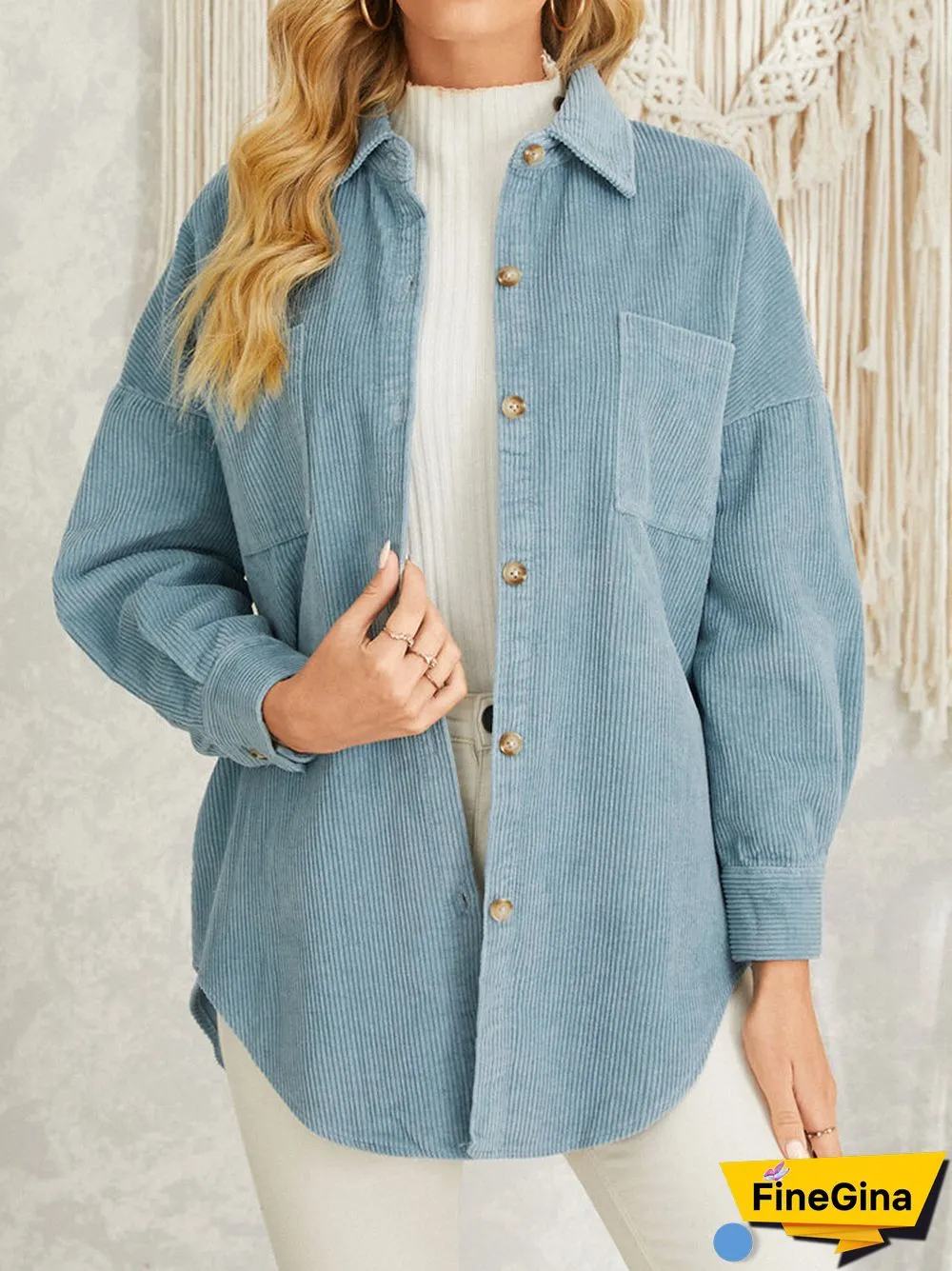 Corduroy Ribbed Solid Pocket Button Lapel Long Sleeve Jakcet