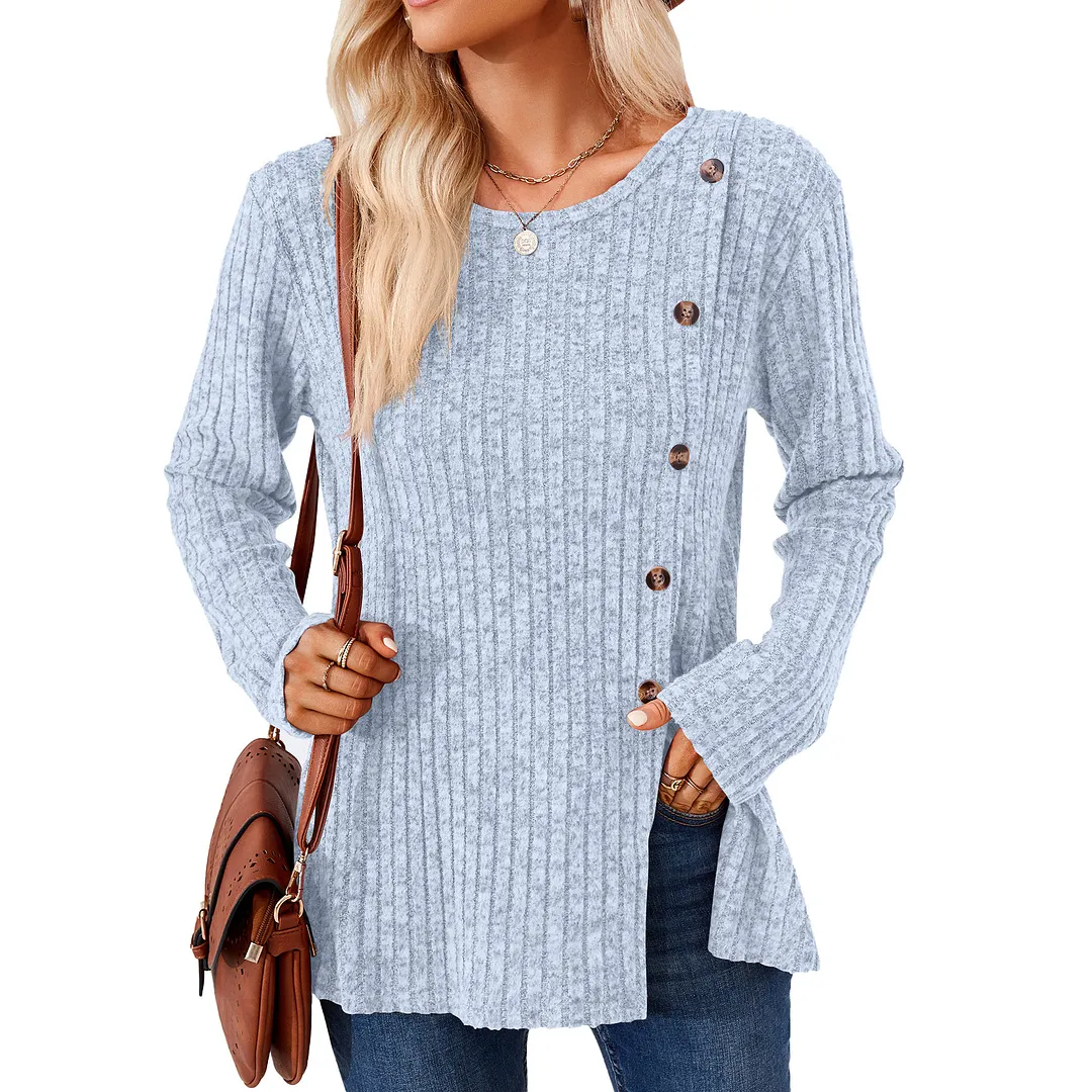 Churchf Churchf New Round Collar Solid Color Splicing Button Long Sleeve Loose T Shirt Women
