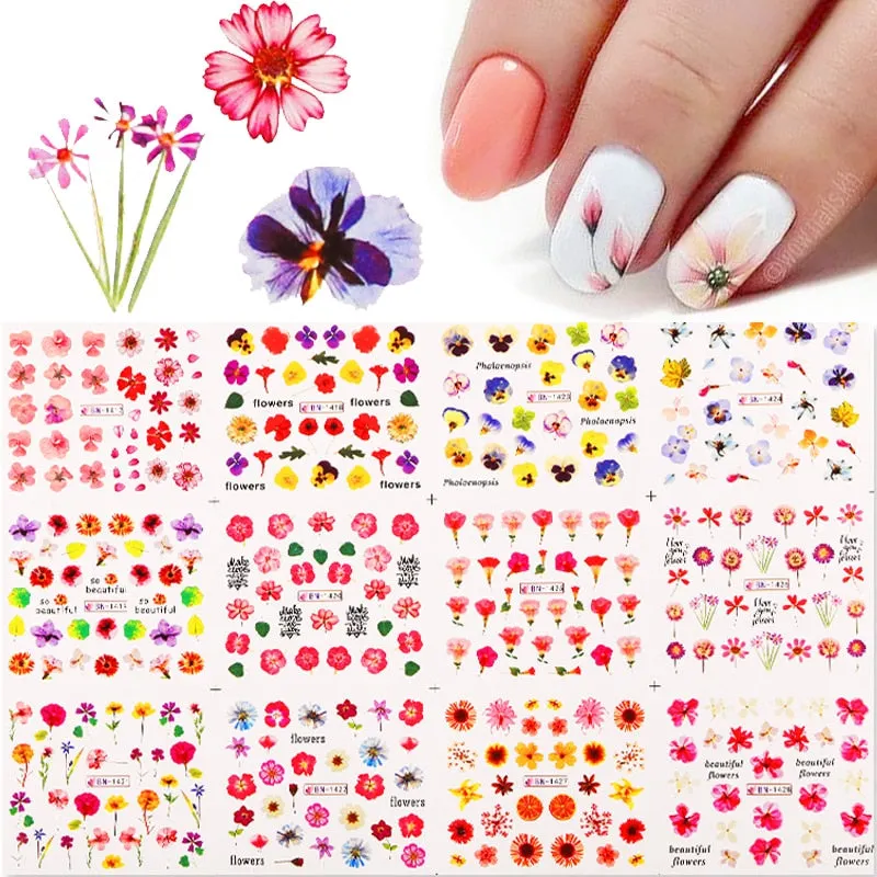 12Pcs Flower Leaf Geometric Lines Water Decals Spring Floral Butterfly Transfer Sliders Paper For Nails Decoration Manicures