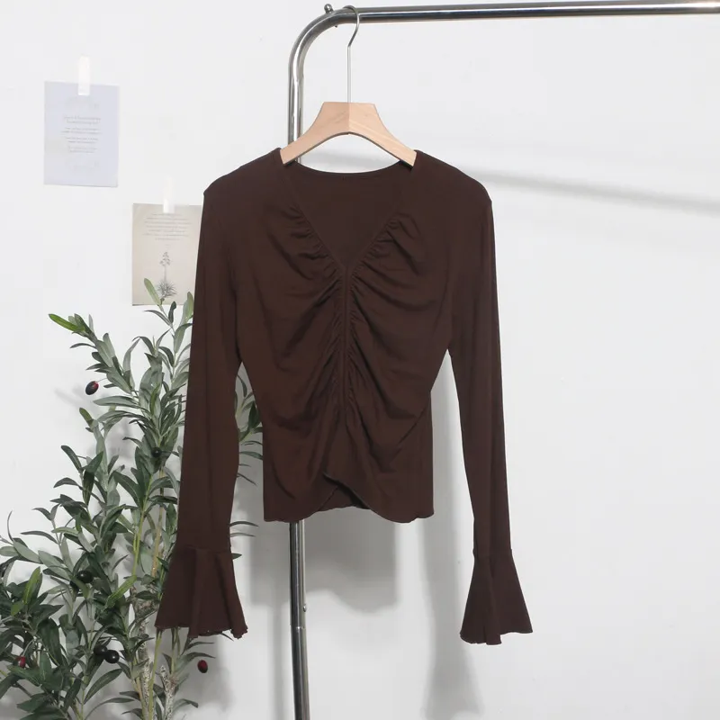 Churchf Real Shooting 2024 Autumn Dress Sexy V-Neck Folded Open Fork Short High-Waisted T-Shirt Horn Long Sleeve Bottom Top 161