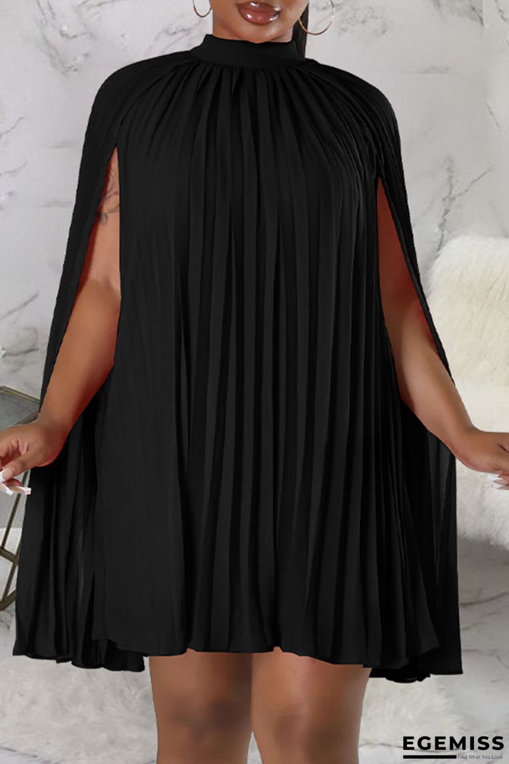 Black Casual Solid Patchwork Fold Half A Turtleneck A Line Dresses | EGEMISS