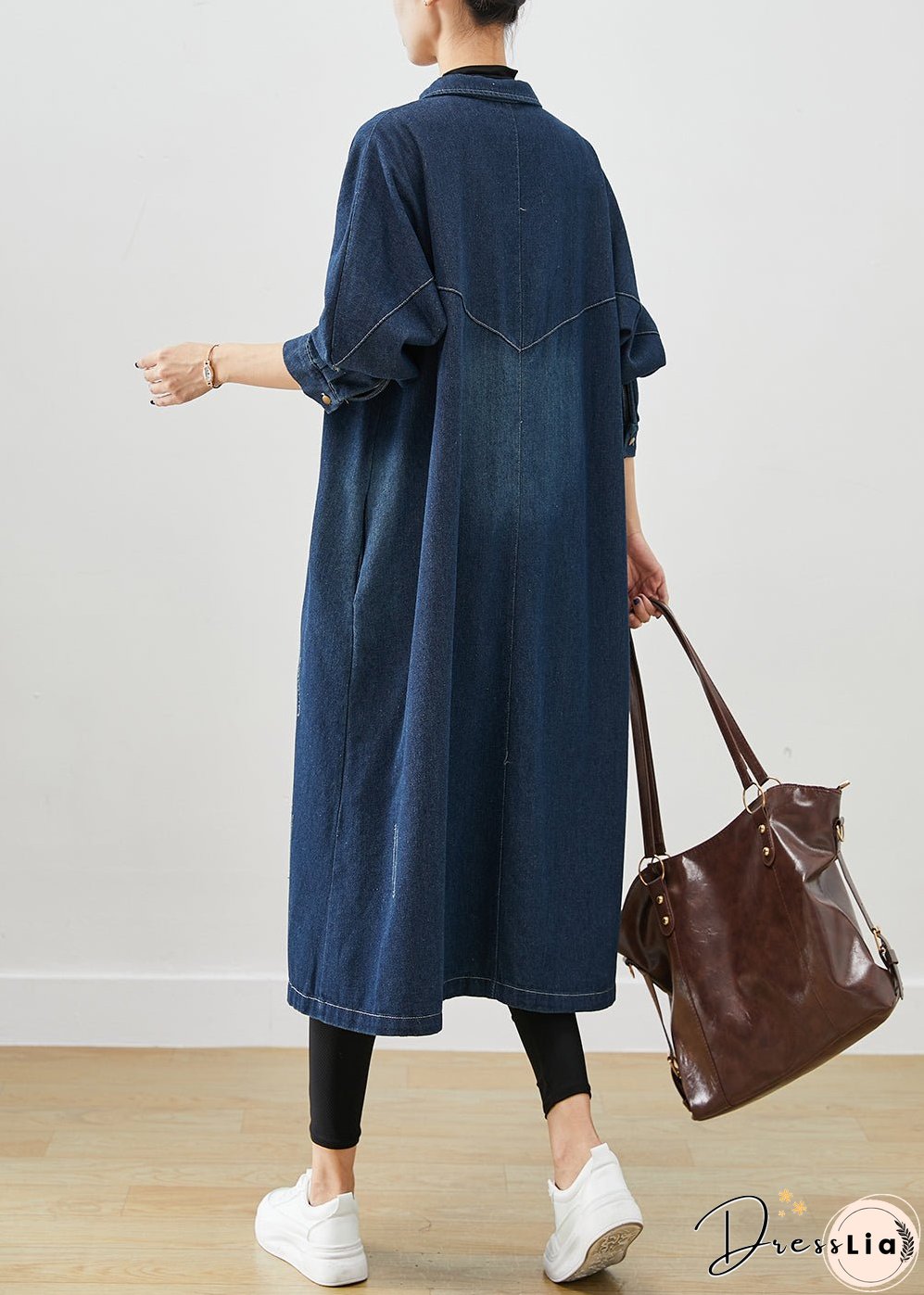 Navy Denim Trench Coats Oversized Pockets Fall
