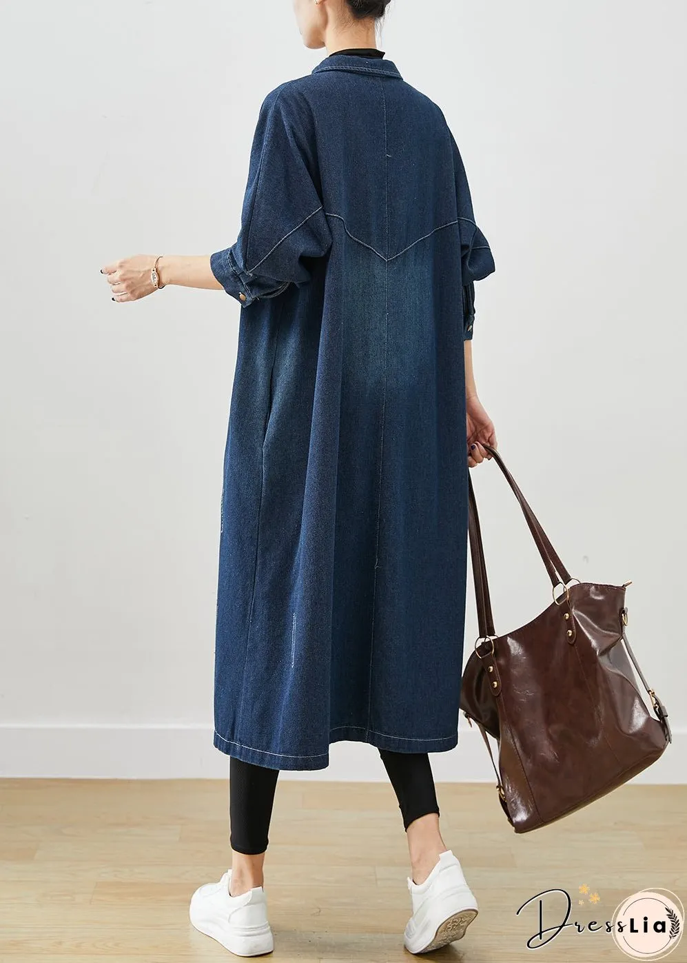 Navy Denim Trench Coats Oversized Pockets Fall