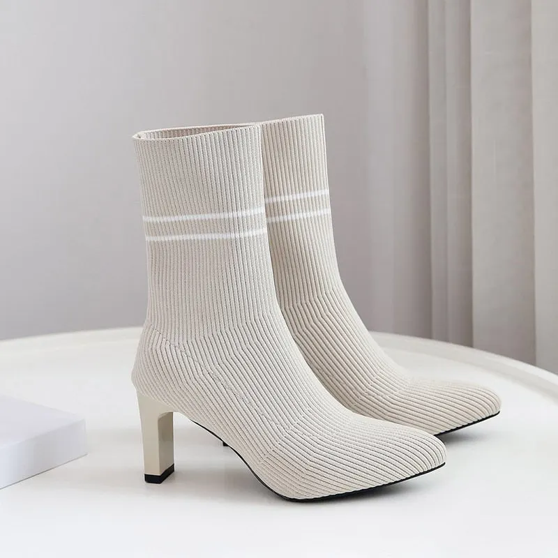 Sexy Knitting Boots High Heels Dress Shoes 2020 New Pointed Toe Fashion Booties Black Striped Stretch Fabric Botas Mujer