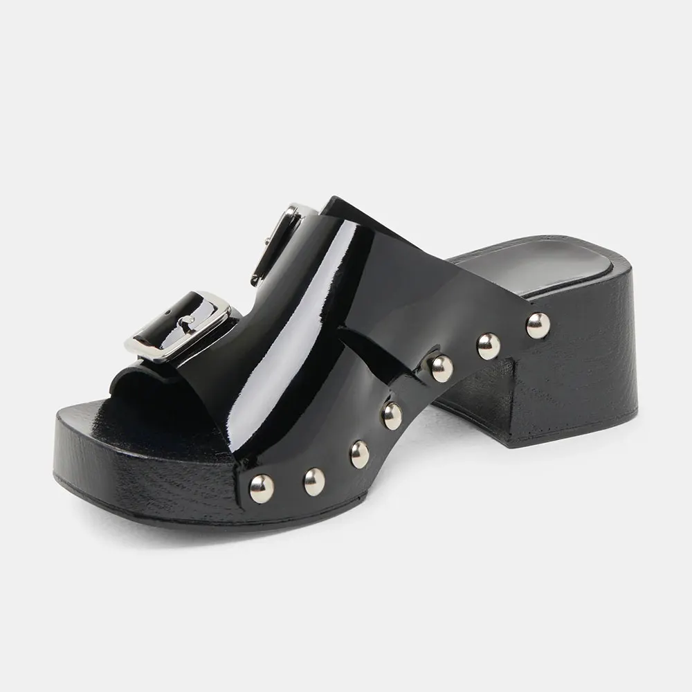 Black Open Toe Studded Slip On Platform Mule Heels with Buckles