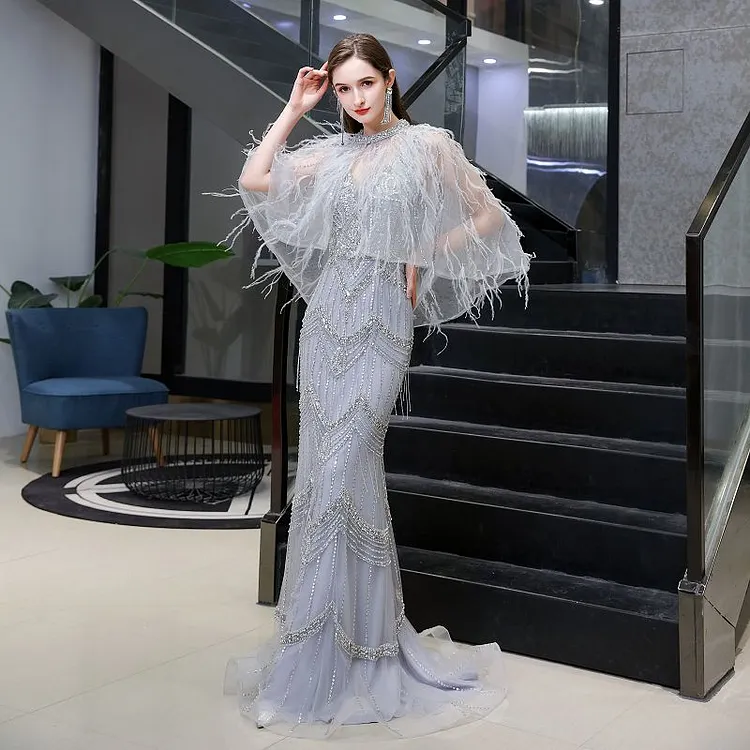 Women's Mermaid Evening Gown Elegant Sequin Women Party Prom Dresses with Shawl