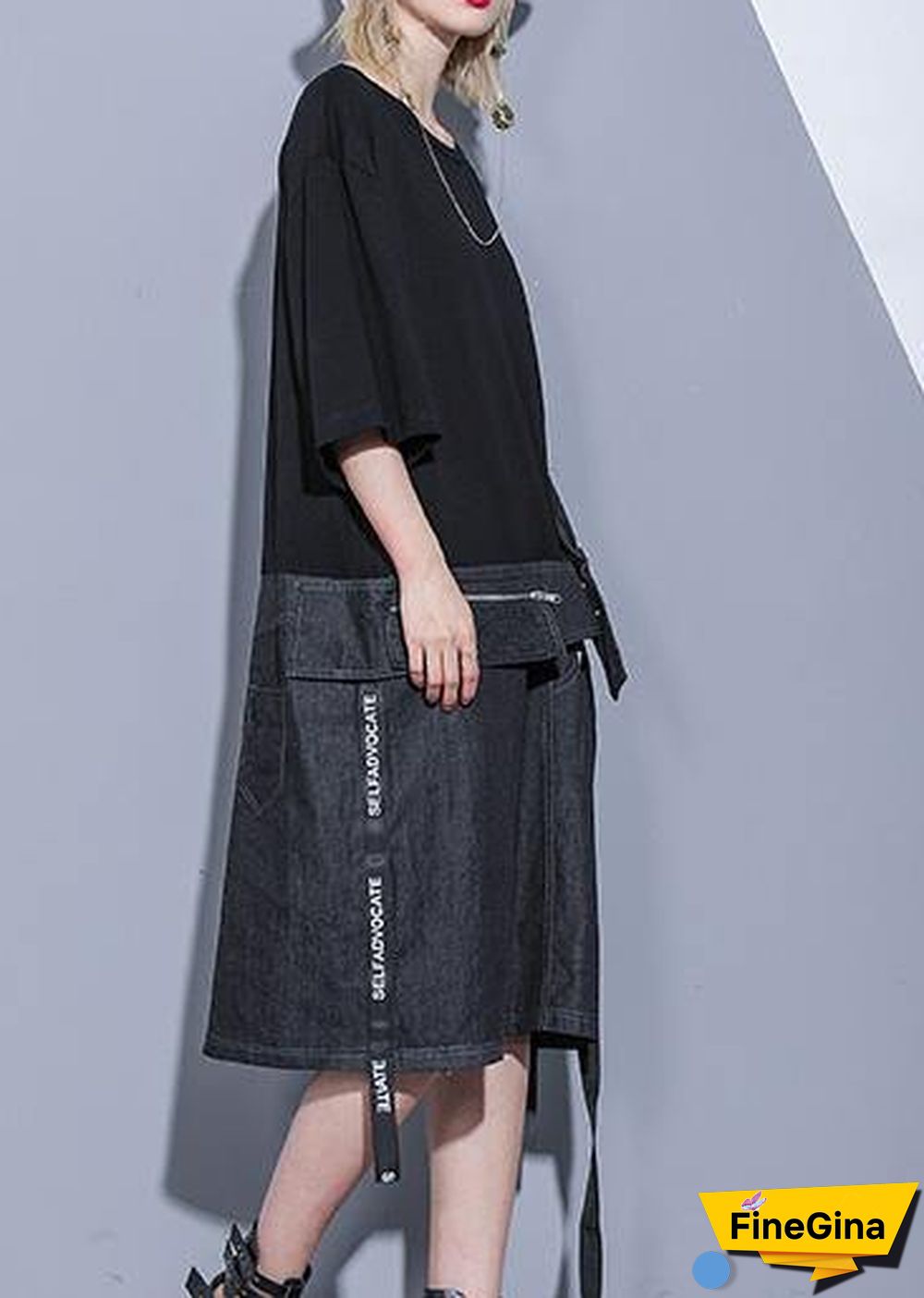 DIY black Cotton dresses o neck zippered oversized summer stylish Dress