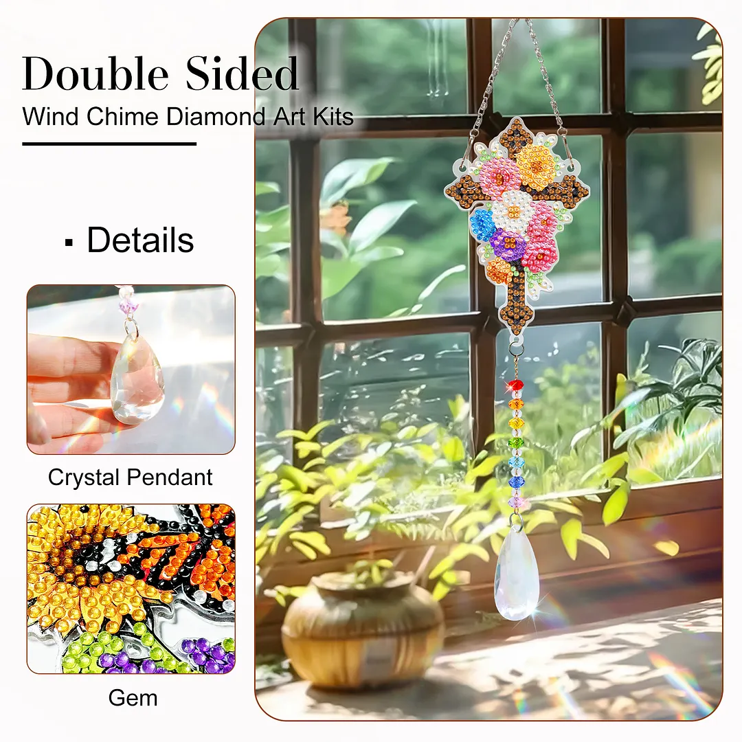 2Pcs Cross DIY Acrylic Diamond Painting Art Wind Chimes with Crystal Pendant Diamond Art Hanging Pendant Double-Sided for Adults Beginners Gift Home Garden Decor
