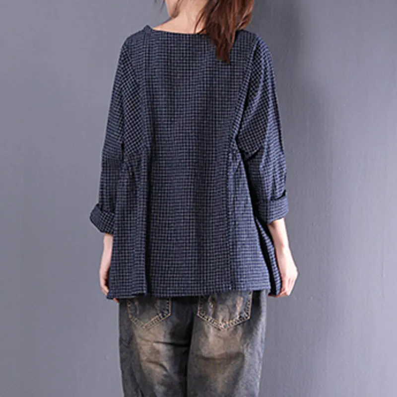 Top Blusas 2022 Women  Crew Neck Long Sleeve Plaid Check Autumn Cotton Linen Casual Party Pleated Flounce Blouse Shirt