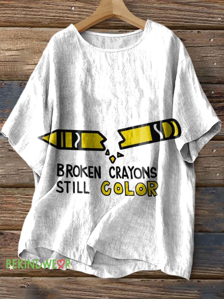Broken Crayons Still Color Printed Casual Cotton Linen Shirt Multicolor / S