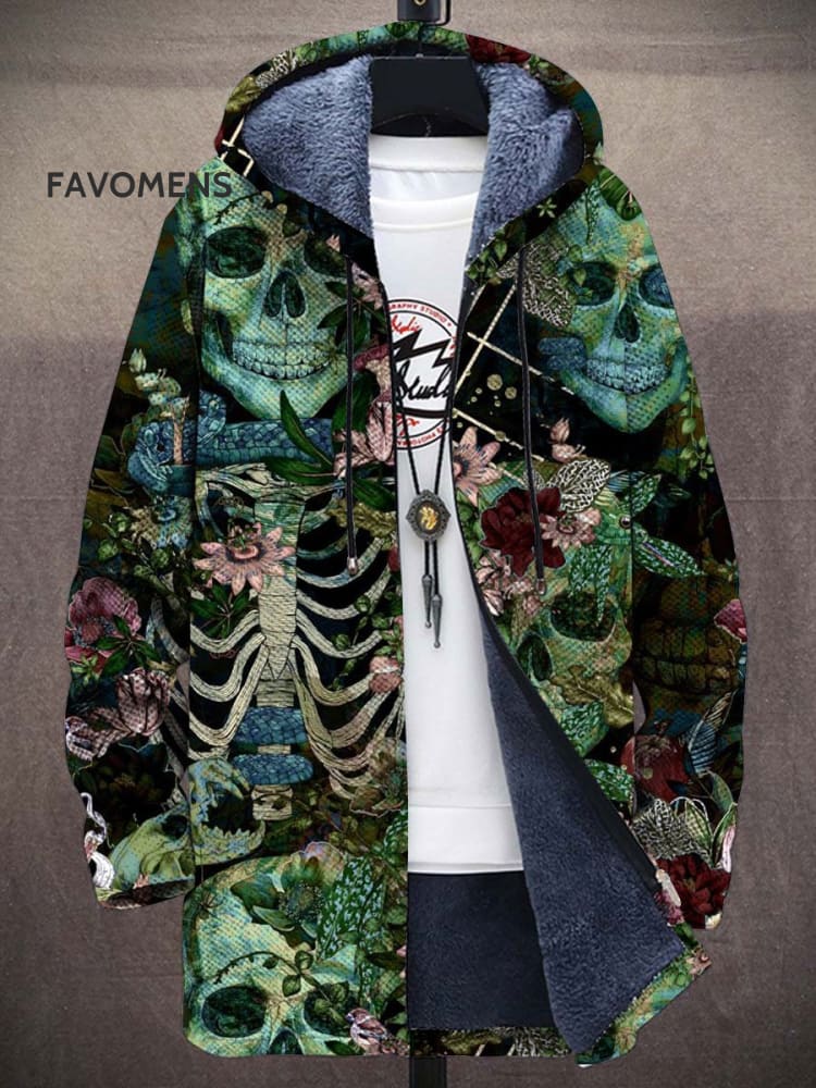 Multicolor Skull Print Plush Thick Long-Sleeved Sweater Cardigan Coat Green / S