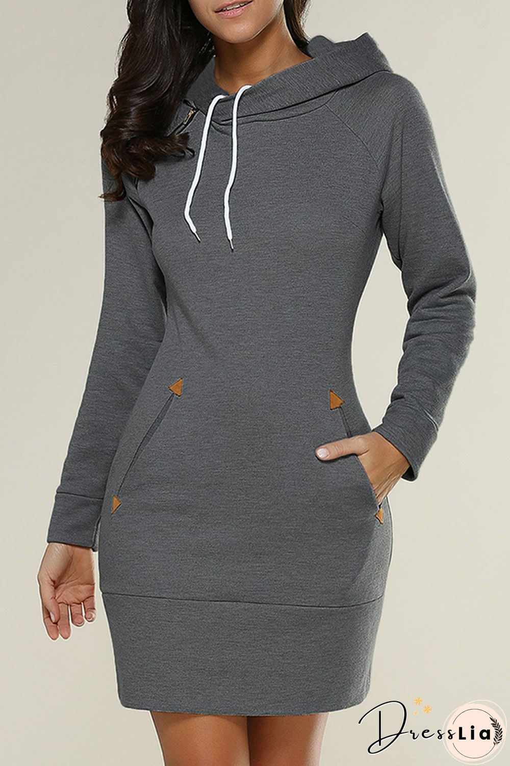 Casual Solid Split Joint Draw String Hooded Collar Dresses