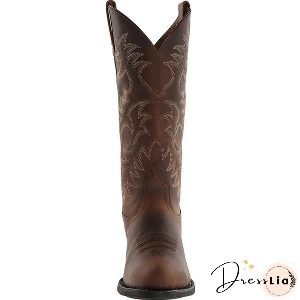 Mens Vintage Leather Mid Calf Boots Pointed Toe Western Cowboy Boots Man Retro Knee High Talll Boots Riding Boots Big Size 38-48 Botas