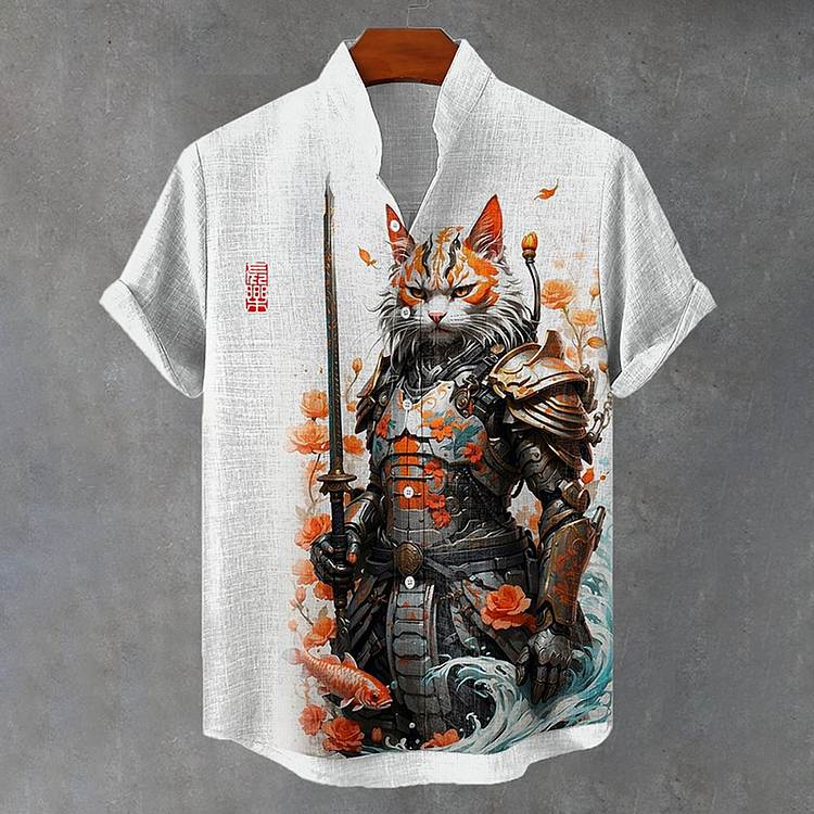 Retro Japanese Lucky Koi Cat Warrior Ink Painting Linen Blend Shirt