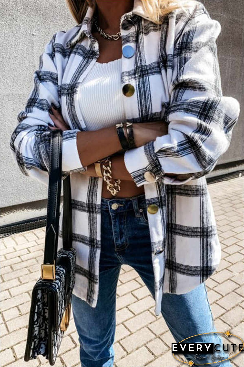 Fashion Casual Plaid Splicing Button Pocket Shirt
