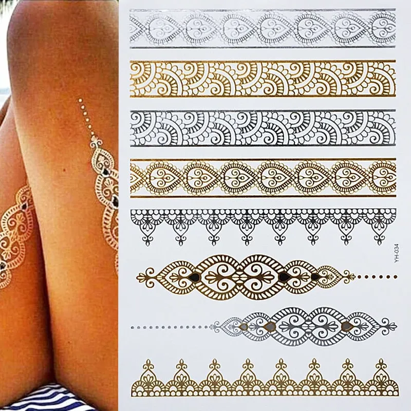 Temporary Tattoos Gold Silver Metallic Tattoo Arm Body Tattoo Cool Bracelet Style Girl DIY Golden Flash Tattoos