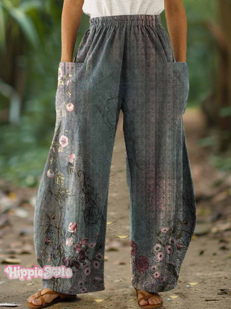 Women&rsquo;s Vintage Folk Floral Art Print Cotton Casual Wide Leg Pants Multicolor / S