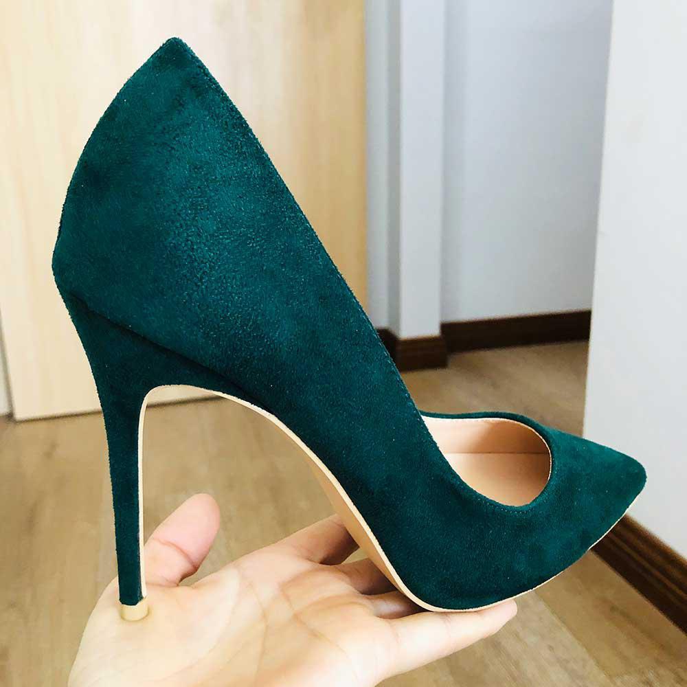GOOSHOE 12cm High Heel Stiletto Dark Green Women Flock Stiletto Formal Dress Shoes Pointed Toe Pumps Plus Size 33-45