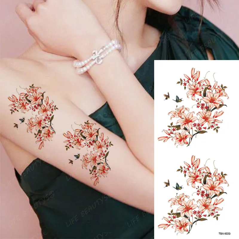Sdrawing Temporary Flower Tattoos Women Fashion Beauty Rose Butterfly Flash 3D Fake Tattoo Arm Sleeve Pink Blue Sticker Girl