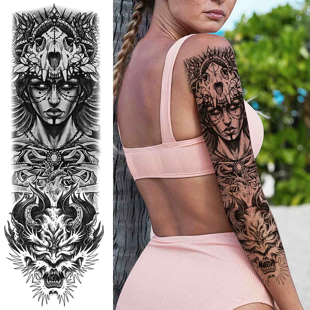 Sexy Girl Flower Temporary Tattoos For Women Men Black Lion Triangle Tattoo Sticker Fake Tribal Full Arm Sleeve Tatoos Paste 1108-1