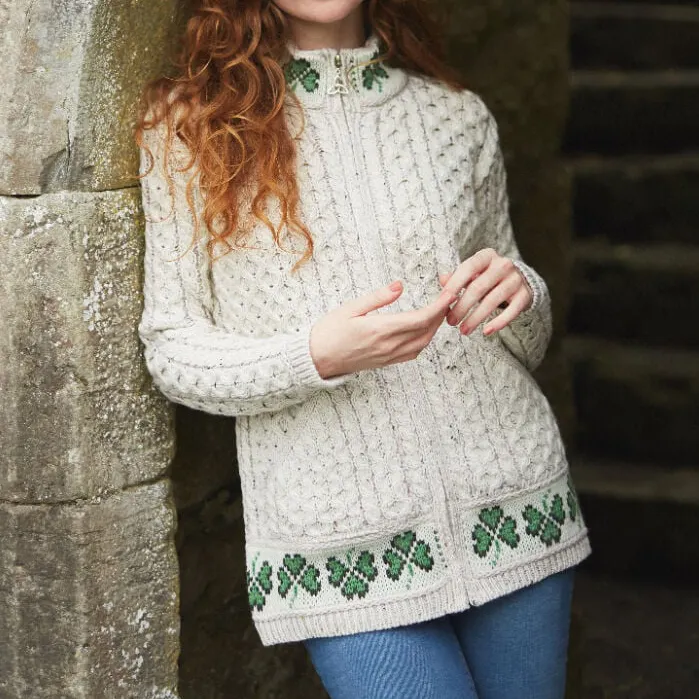 Irish Shamrock Zip-Up Aran Sweater