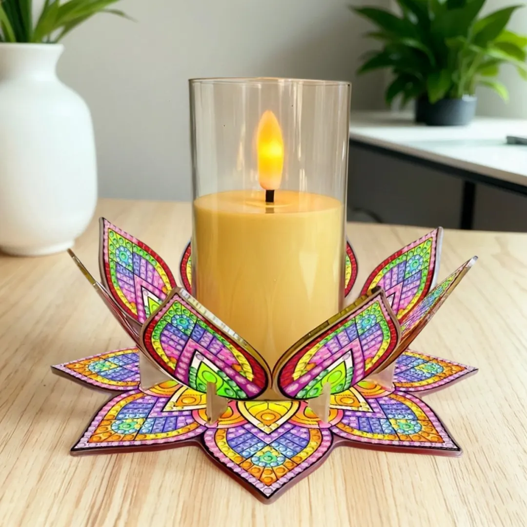 Mandala Lotus-A Acrylic DIY Diamond Painting Candle Holders Without Candles Crystal Painting Tealight Candle Stand Table Centerpiece for Adults Beginners Home Party Decor