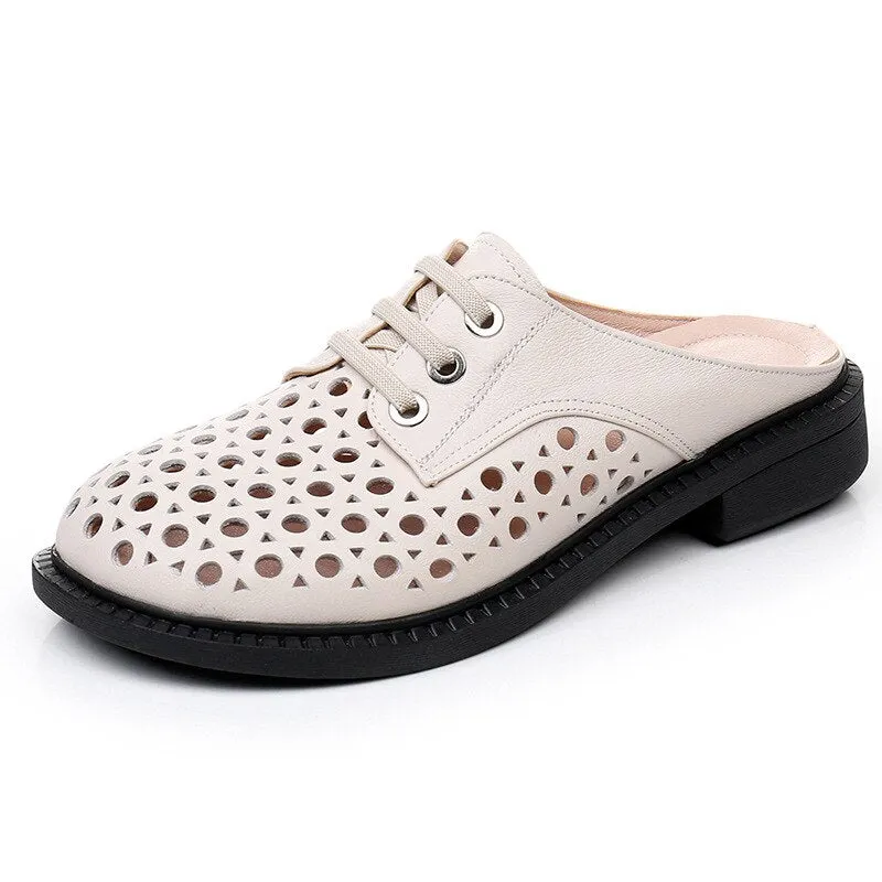 GKTINOO 2022 New Summer Round Toe Hollow Genuine Leather Slippers Casual Sandals Low Heel Shoe Slippers Women Sandals Large Size
