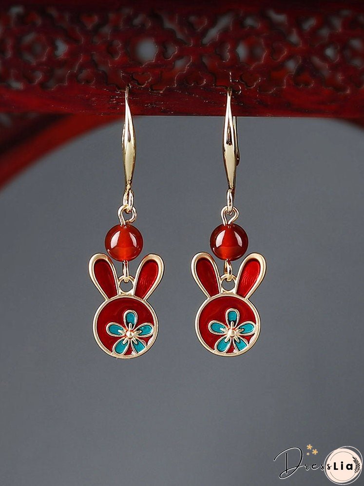 Red earrings antique rabbit earrings with cheongsam retro sterling silver ethnic earrings