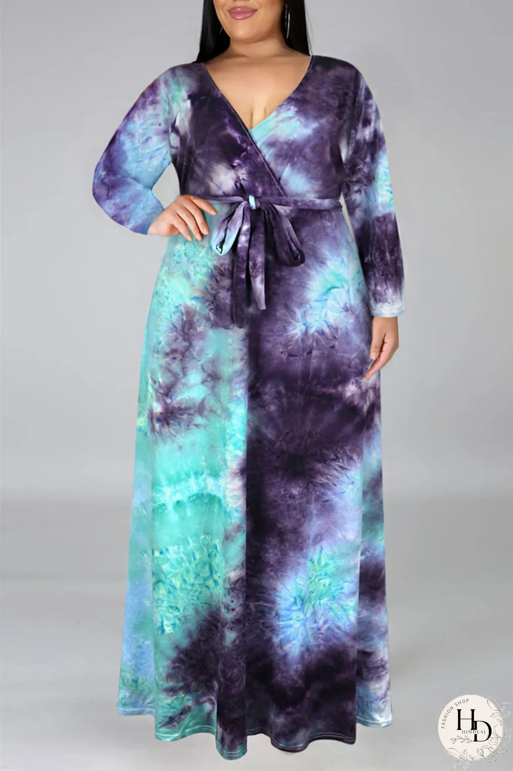 Colour Fashion Casual Print Tie-dye V Neck Long Sleeve Plus Size Dress