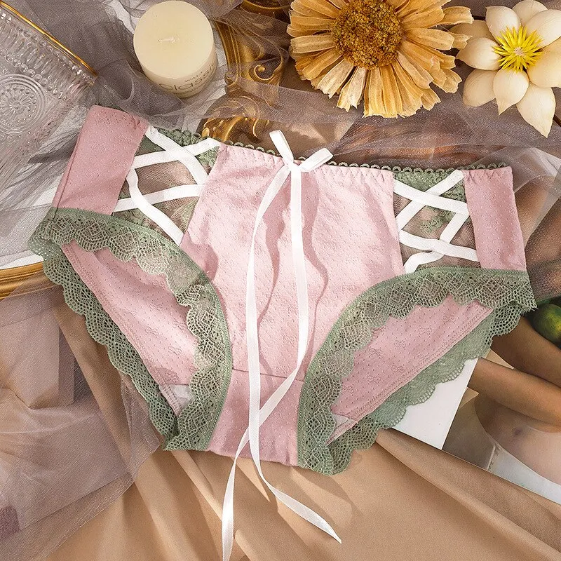 Billionm Girl Briefs Summer Thin Bow Tie Sling Hollow Lace Cotton Crotch Student Cute Candy Color Fashion and Comfortable WOMEN Loli