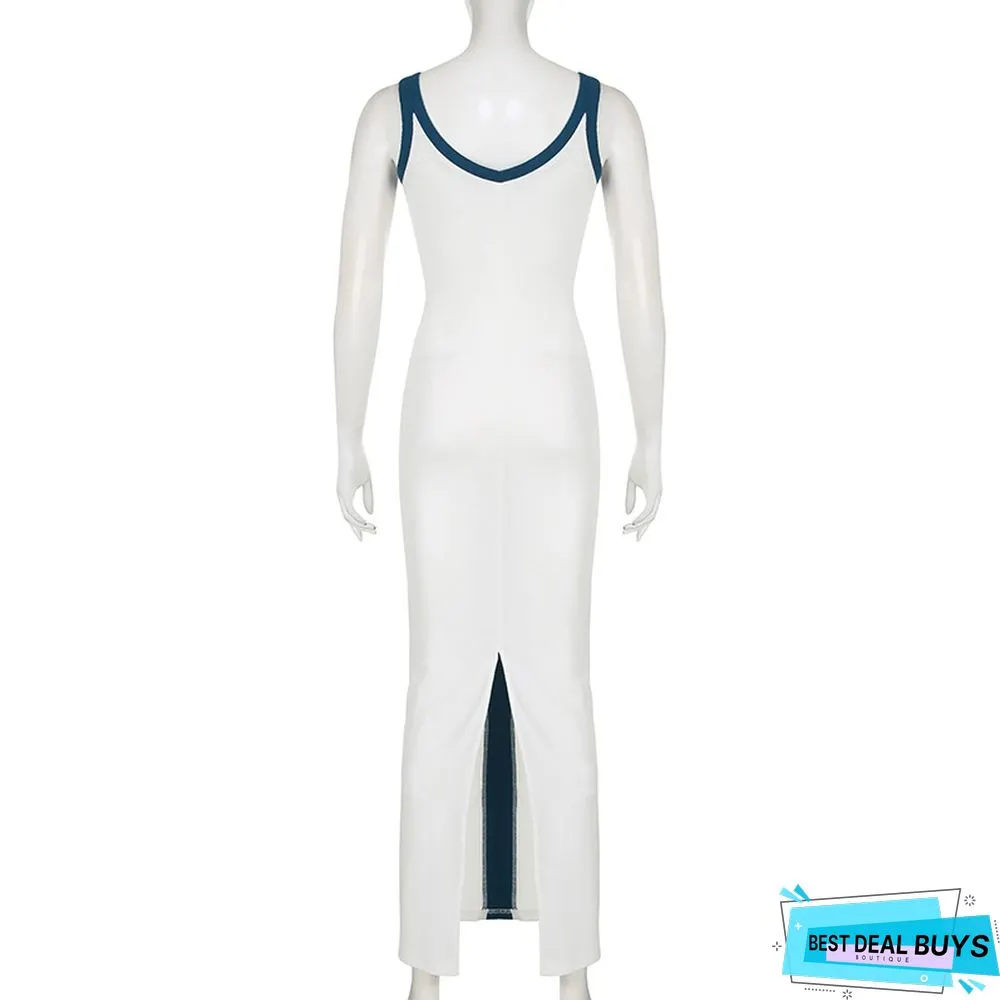 Women's Sexy V-Neck Wide Shoulder Strap Contrasting Color Slim Chic Dress Beach Holidays Long Dress