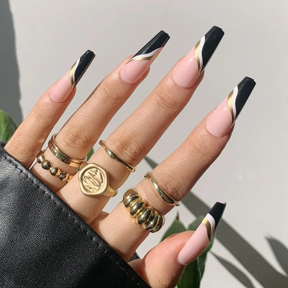 Detachable Marble Gradient Long Coffin False Nails Wearable Gold Foil Ballerina Fake Nails Full Cover Nail Tips Press On Nails