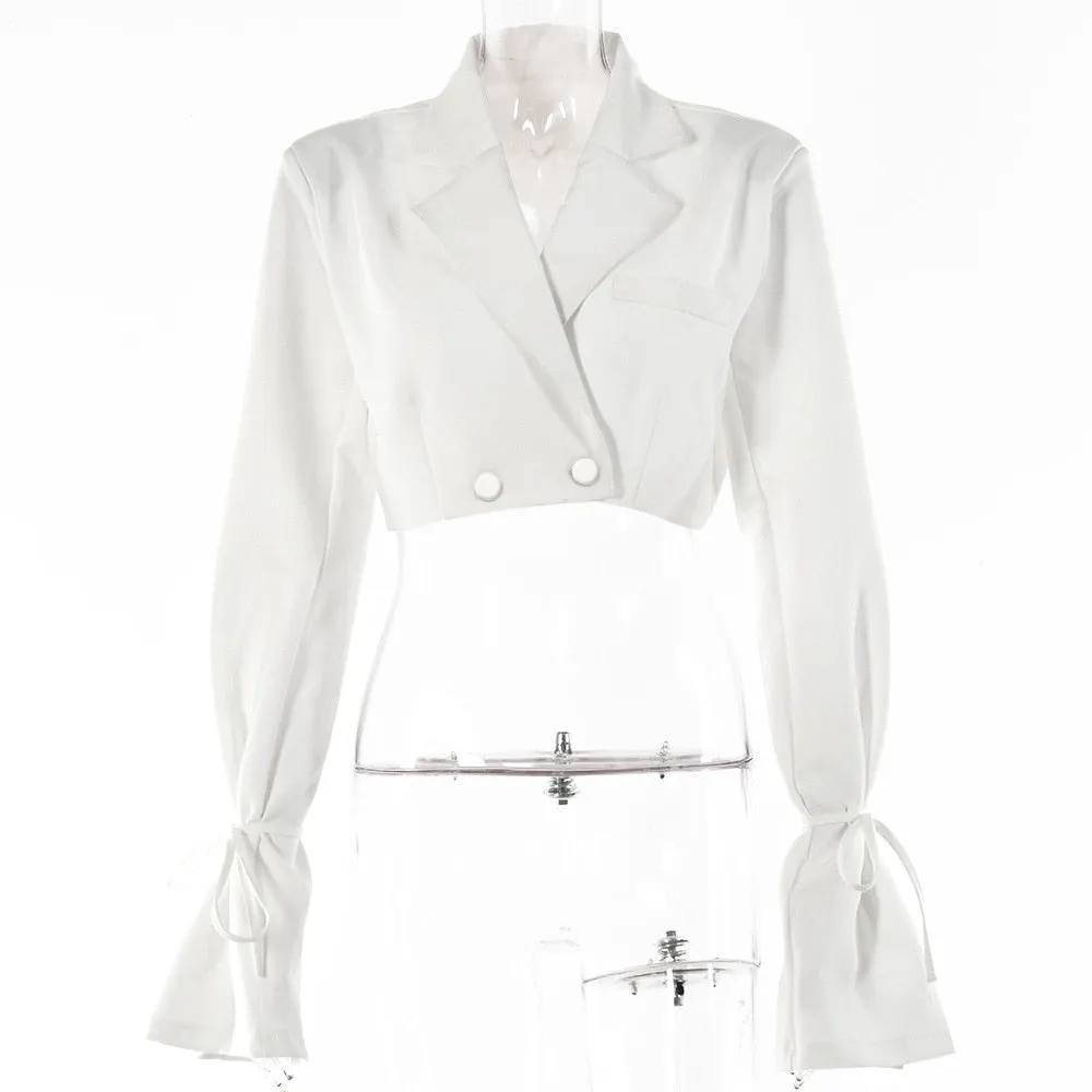 Yimunancy Women Blazer V Neck Long Sleeve Cropped Blazer 2021 Autumn Chic Button  Lace Up Turn-down Collar Outwear
